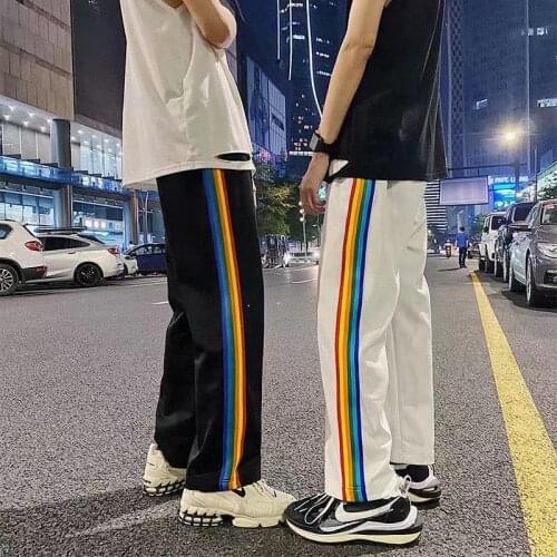 2021 Mens Rainbow Stripe Sports Casual Pants Loose White Color Straight Pants Fashion Trend Trousers Baggy Sweatpants S-3XL