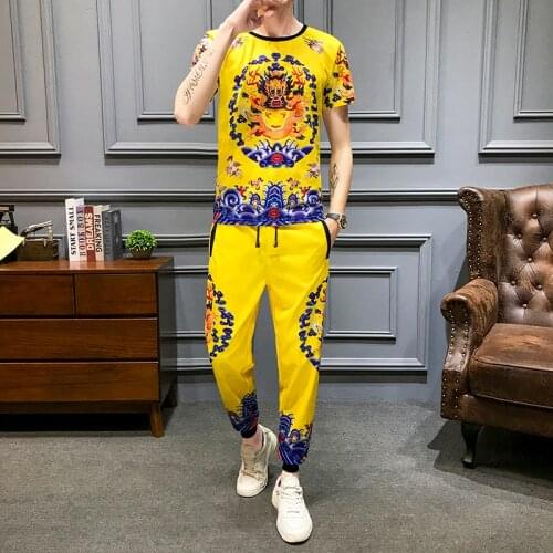 Dragon Print Two Piece Slim Fit Outfits Set Short Sleeve T Shirt High Quality Tracksuit Top And Pants Men Yellow