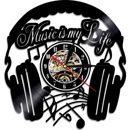 Music Headphone Wall Clock Rock n Roll Vintage Vinyl Record Wall Clock LED Music Is My Life Music Inspirational Quote Home Decor