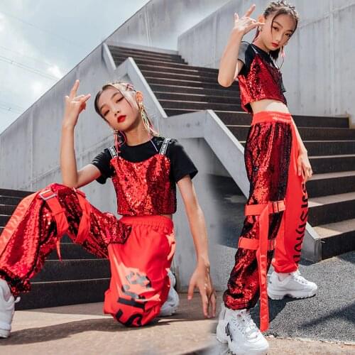 New Jazz Dance Costumes Red Sequins Vest Hiphop Pants Suit For Girls Modern Dance Hip Hop Clothing Performance Costumes DN8988