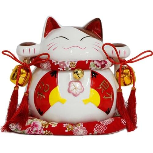 Crafts Arts Home decoration Genuine China large Japanese Lucky Cat red fan cat ornaments large jar opening / Wedding Gift