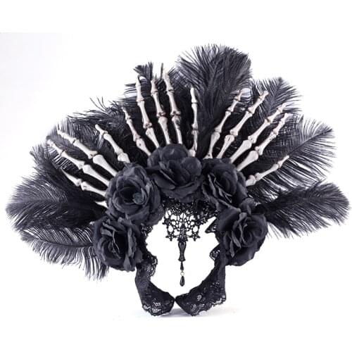 Gothic Feather Headband Retro Skeleton Hand Lace Headwear Vintage Headdress Halloween Party Costume Accessories