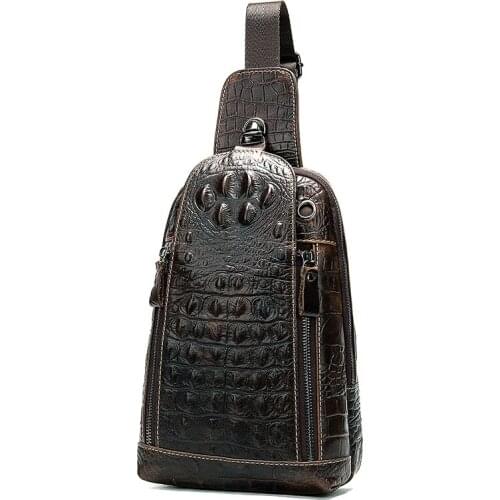 Retro crocodile pattern male chest bag genuine leather shoulder bag mens first layer leather Messenger bag Crossbody bag