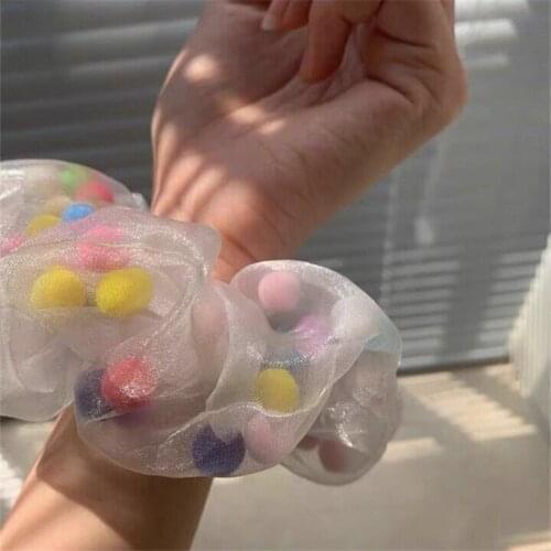Girls Cute Colorful Small Balls Chiffon Scrunchie Ponytail Holder Sweet Hair Band Headband Hair Tie Kid Fashion Hair Accessories