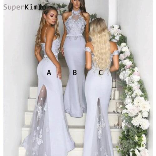 SuperKimJo Vestido Longo Silver Bridesmaid Dresses Long 2020 Cheap Mermaid Lace Applique High Neck Wedding Guest Dress