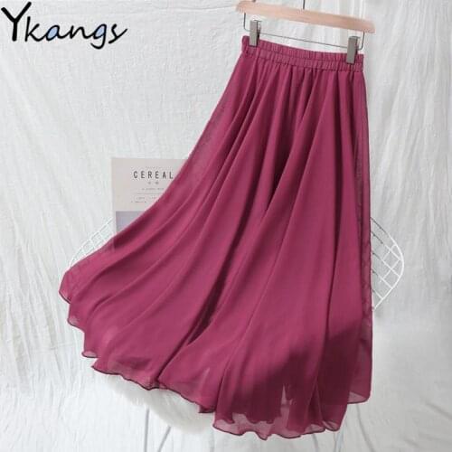 Women Plus Size Fashion 10 Color Solid Long Skirt Female Boho Elastic High Waist Chiffon Casual Beach Pleated Skirt Saias Summer