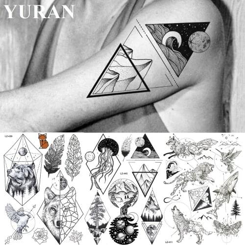 YURAN Triangle Mountain Moon Body Arm Chest Large Fake Tattoos Temporary Women Men Custom Tatoo Stickers Black Waterproof Tattoo