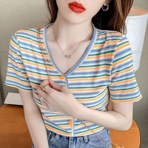 South Korea 2021 Summer Rainbow Striped V Neck Machine Slim Short Sleeve T-shirt Female Short High Waist Parable Tide