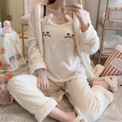 Womens Pajamas 3-Piece Pajamas Women Autumn And Winter Sexy Sling Kitten Flannel Pajamas Mid-Length Ladies Korean Home Service