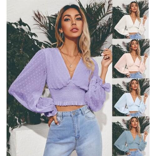 Womens Shirt Autumn Long-Sleeved Top Chiffon Solid Color Lantern Sleeves V-Neck Pullover Slim Females Short Blouse