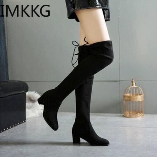 Elastic Flock Slim Fit Boots Women 2020 Winter fashion thigh Lace up ladies High heel Chunky heel Long boots