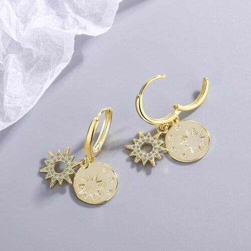 Womens New Fashion Golden Solar Flares Round Circle Hoop Earrings Shiny Crystal Double Layer Sun Disc Dangle Earring Jewelry