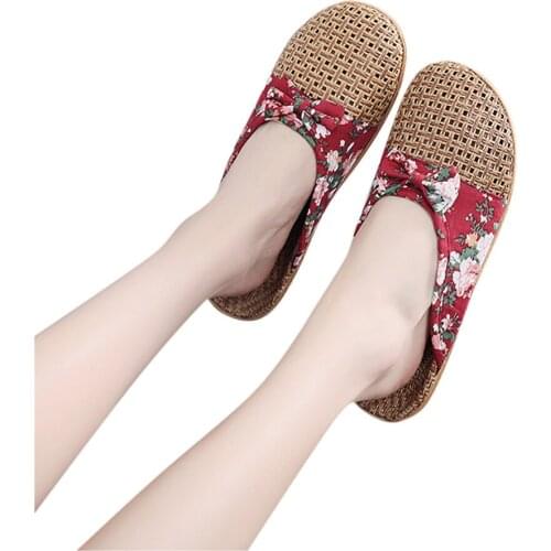 Women Flax Slippers Summer Casual Slides Floral Bow Linen Indoor Shoes Flip Flops Woman Sandals Bow Slippers 2021