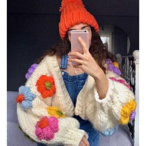 Boho Inspired white Flower Cardigan For Women floral Knitted Chunky cardigan Sweater for women oversized winter warm cardigan