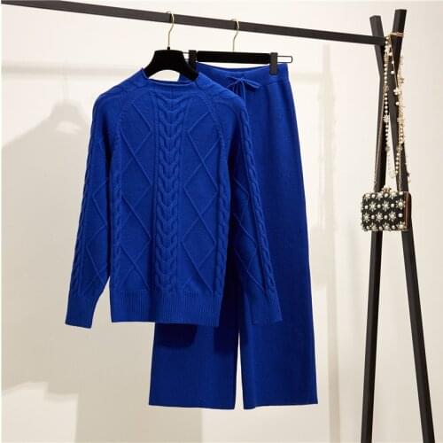 Autumn Winter Twist Sweater Suit Women 2020 Fashion Solid Thicken Warm Knitted Pullover Tops And Wide Leg Pants 2 Piece Sets