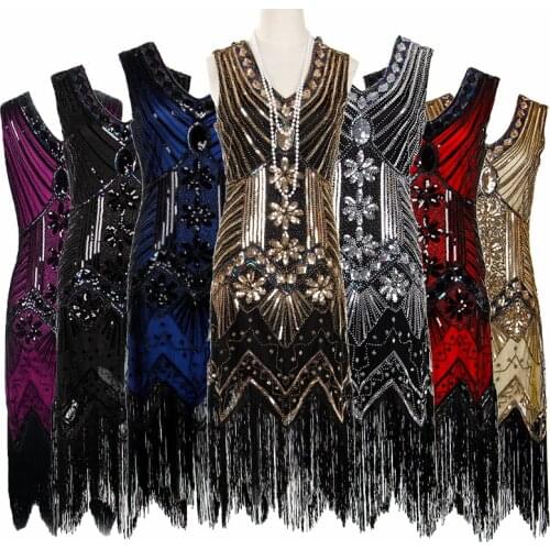 Women 1920s Vintage Great Gatsby Dress Sequin V-Neck Tassel Bodycon Beaded Party Flapper Dress Ballroom Tango Latin Dance Dress