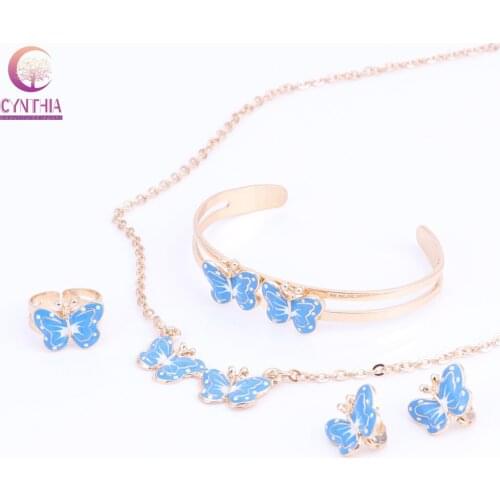 Gold Color Enamel Butterfly Necklace Bangle Bracelet Ring Set For Children Kids Costume Jewelry Sets 8Color