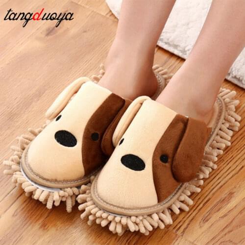 Winter Plush Slippers Lovely Dog 1Pair Home Unisex Dust Mop Slippers Kitchen Bathroom House Floor Cleaner Shoes Cute Puppy Warm