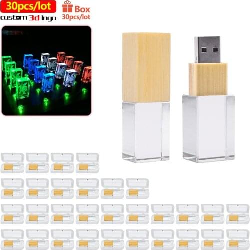 30pcs/lot Free logo fashion Crystal Wooden USB flash Drive pen drive 4GB 8GB 16GB 32GB 64GB 128GB memory stick with LED gifts