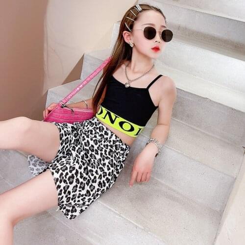 Kids Girls Summer Sports Hip-hop Suit Camisole + Leopard Print Shorts 2pcs Korean Fashion Cute Outfits Tracksuit for Teenage