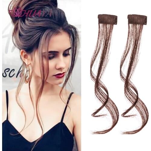 HUAYA 30CM Long Curly Bangs Clips Front Two Side Fringe Hair Extension Natural Synthetic Middle Part Fake Fringe for Women