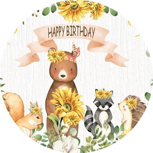 Bear Animal Friend Circular Round Backdrop Photography Circle Background Sunflower Flower Birthday Party Decor Baby Shower Vinyl