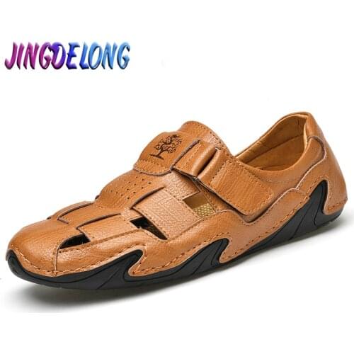 Summer Mens Leather Sandals Outdoor Handmade Sandals Brand Men Slippers Shoes Walking Breathable Men Beach Shoes Roman Shoes
