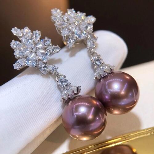 M131 Solid 925 Sterling Silver Round 10-11mm Nature Fresh Water Purple Pearls Drop Dangle Earrings for Women Fine Birthday Gifts