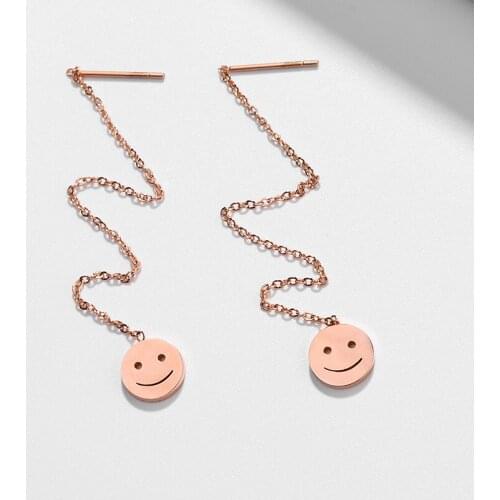 Trendy Cartoon Style Stainless Steel Smile Face Drop Earrings For Women Fashion Rose Gold Long Chain Tassels Ear Line Jewelry