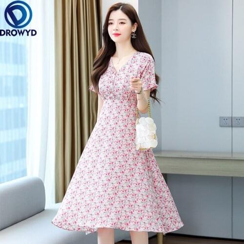 Summer Fashion Short Sleeve V-neck Dress Women Vintage A-line Beach Chiffon Midi Dresses Ladies Pink Printed Party Sexy Dresses