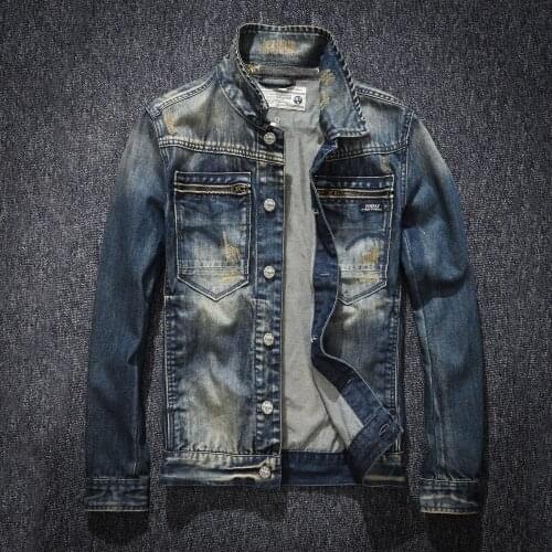 Motorcycle Denim Jacket Mens Ripped Punk Jean Jackets Slim Fit Men Casual Distressed Denim Coats High Quality