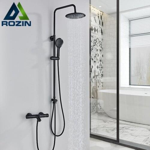 Rozin Thermostatic Shower Faucets Set Black Separate Constant Temperature Bathroom Faucets Chrome Wall Mount Rainfall Mixer Tap