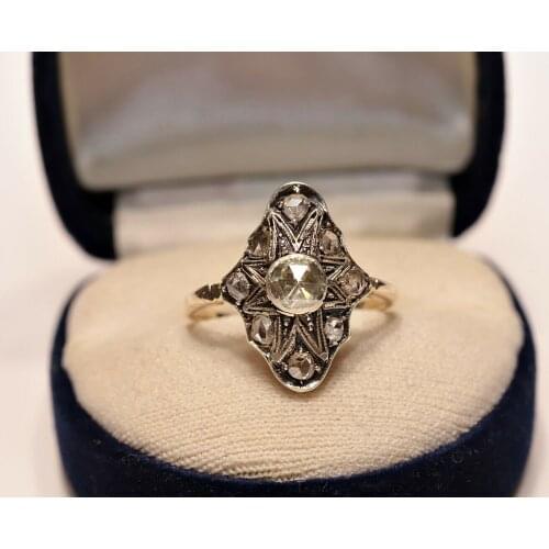 ANTIQUE ORIGINAL VICTORIAN 14K GOLD NATURAL ROSE CUT DIAMOND DECORATED RING