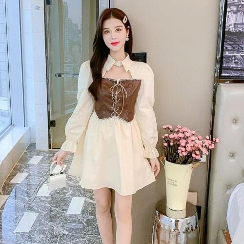 2021 autumn new style pu leather beaded stitching fake two-piece shirt collar dress fashion women long sleeve dresses