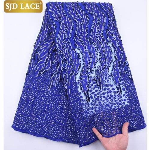 SJD LACE Royal Blue African Lace Fabric Handmade Sequins French Tulle Lace Fabric For High Quality Wedding Party Dress Sew A2047