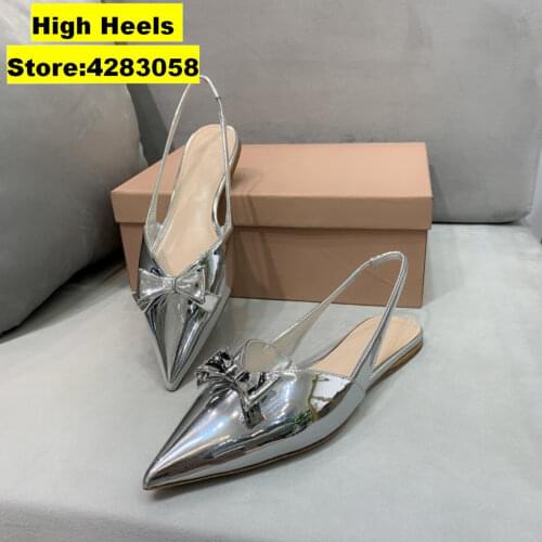 Casual Designer Sexy Lady Fashion Women Shoes Silver Patent bow Pointy Toe Slingback shoes bride wedding shoes Zapatos Mujer