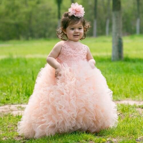 Vintage Glitter Puffy Lace Girl Princess Dresses Kids Crystal Scoop Evening Prom Dress Cap Sleeves Flower Gril Dresses