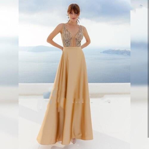 Evening Dress Champagne 2020 Sexy V-Neck Spaghetti Strap Backless Floor Length Satin Elegant Crystal Beaded Prom Special Party