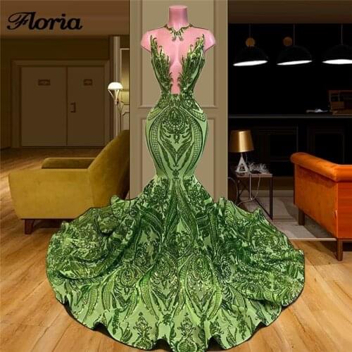 Sequins Green Evening Dresses Mermaid Custom Made Dubai Vestido De Gala 2020 Turkish Prom Dress Long Gowns For Saudi Arabia New