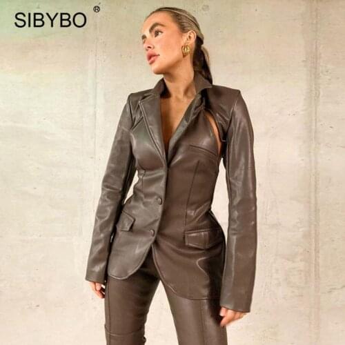 Sibybo Fall 2021 Faux PU Leather Jacket Coats Women Fashion Single Breasted Long Sleeve Blazer Coats Sexy Backless Casual Tops