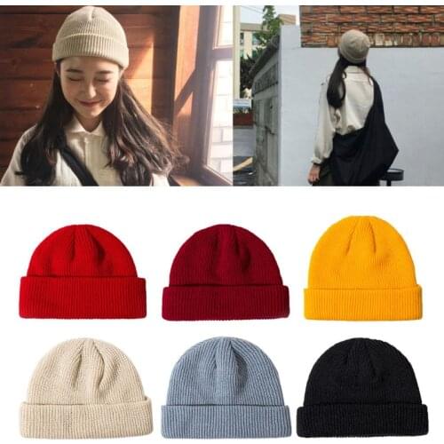 Women Winter Ribbed Knitted Cuffed Short Melon Cap Solid Color Skullcap Baggy Retro Ski Fisherman Docker Beanie Hat Slouchy