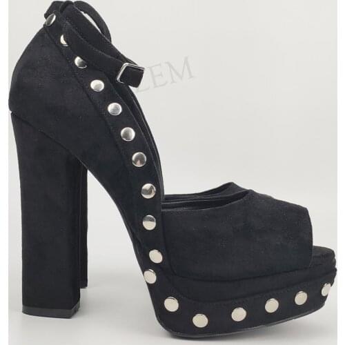 BERZIMER Studded Women Sandals Open Toe Chunky Heels Sandalias Suede Ladies Zapatos Summer Shoes Woman Large Size 39 44 45 47