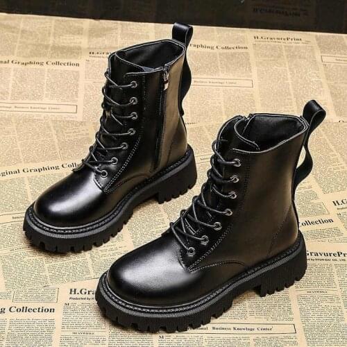 2021 Womens Winter Boots Punk Shoes Black Platform Ankle Boots Motorcycle Boots Leather Lace-up Bright Boots Botas Mujer