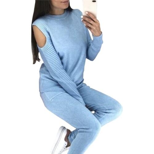 TAOVK Womens Autumn womens knitting Suits Turtleneck Hollow Out Long Sleeve Sweaters+Long Trousers Knitted 2PCS Sets