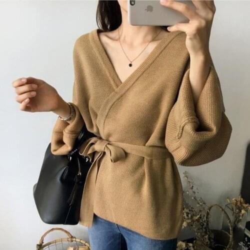 Ladies Winter Sweaters Knit Autumn Cardigan With Sashes Womens Knitted Sweater Loose Sweater With V Neck Jumper