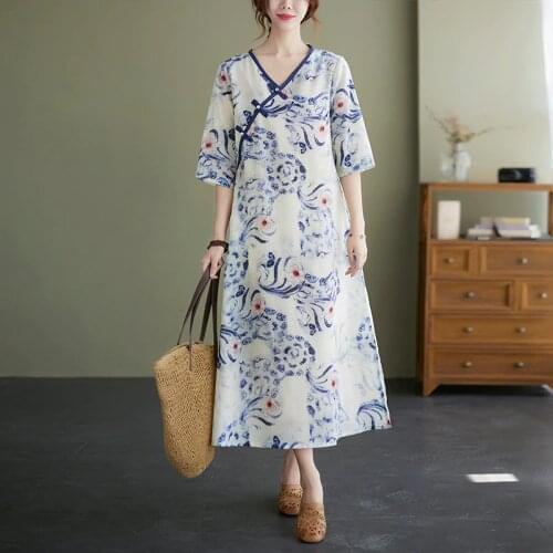 Chinese Style Dress 2021 New Arrival Cotton Linen Beading Vintage Summer Dress Robes V-neck Women Travel Casual Midi Dress