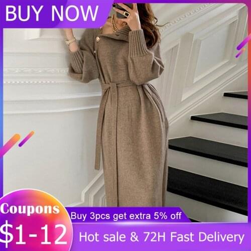 Korean Autumn Winter Retro Button Two-wear Sweater Dress Waist Knitted Dress Women Solid Color Fashion Turtleneck Long Sleeve