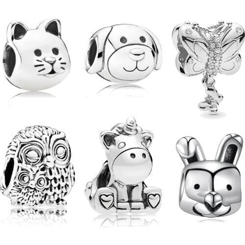 Free Shipping Animal Dog Unicorn Owl Butterfly Charms Beads Fit Brand Bracelet & Necklace Friendship Jewelry DIY Making