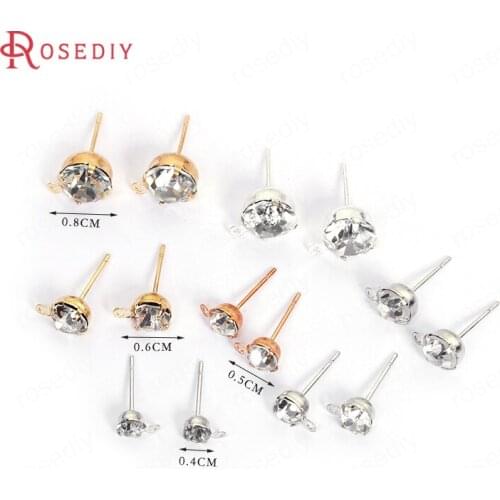 F575)20 pieces 0.4/0.5/0.6/0.8cm Gold Color Plated Brass with Rhinestone Round Stud Earrings Findings Diy Jewelry Accessories