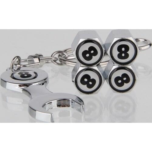 Creative Wrench Car Key Chain Ring with Black 8 Car Tire Wheel Valve Caps Bicycle Motorcycle Universal Accessory for Volkswagen